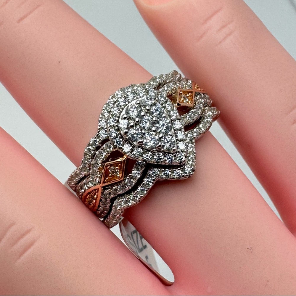 Sterling Silver 3-Band Pear Halo CZ Ring Wedding Bridal Size 5.5